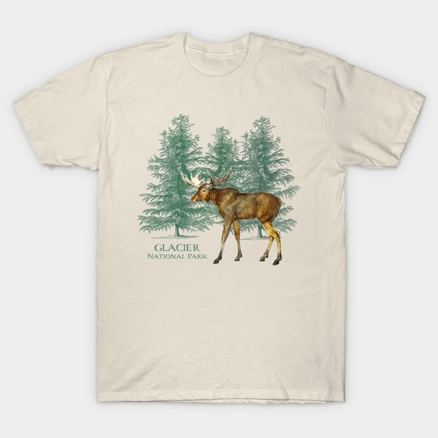 Glacier National Park Montana Moose Trees Vintage Look Rockies T-Shirt by Pine Hill Goods